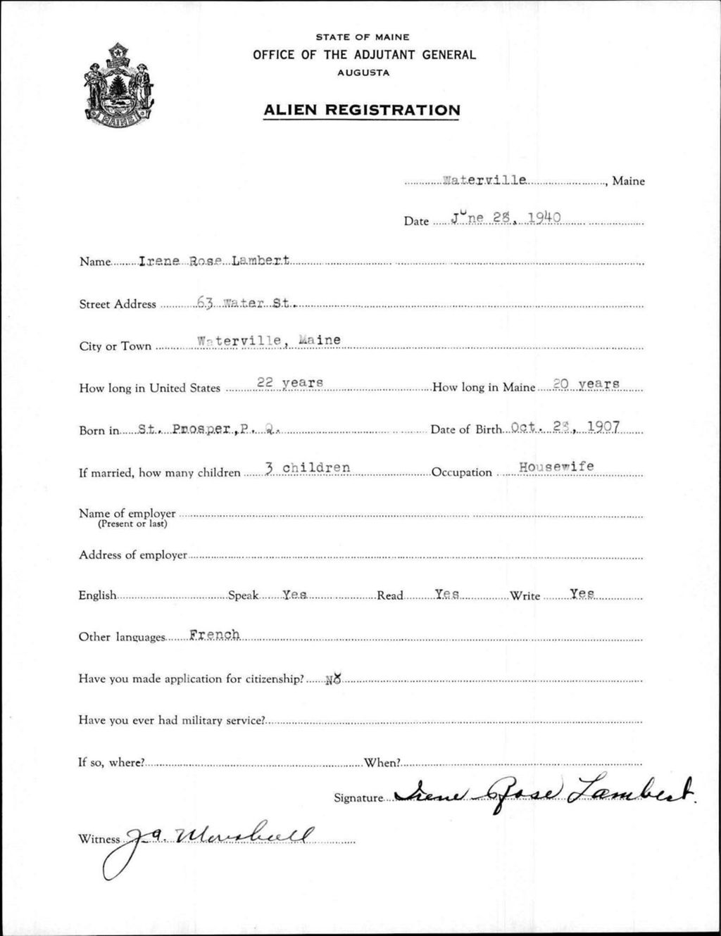 Miniature of Alien Registration- Lambert, Irene R. (Waterville, Kennebec County)