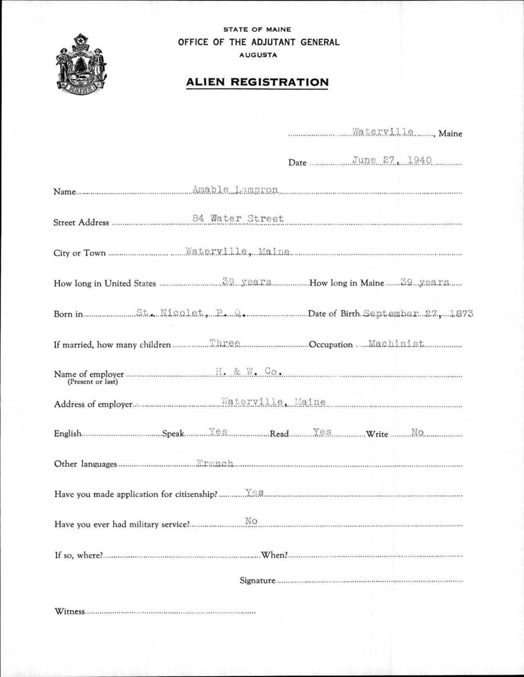 Miniature of Alien Registration- Lampron, Amable (Waterville, Kennebec County)