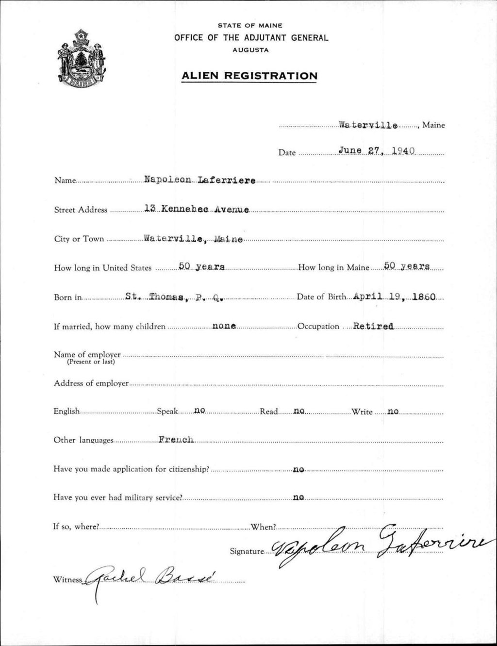 Miniature of Alien Registration- Laferriere, Napoleon (Waterville, Kennebec County)