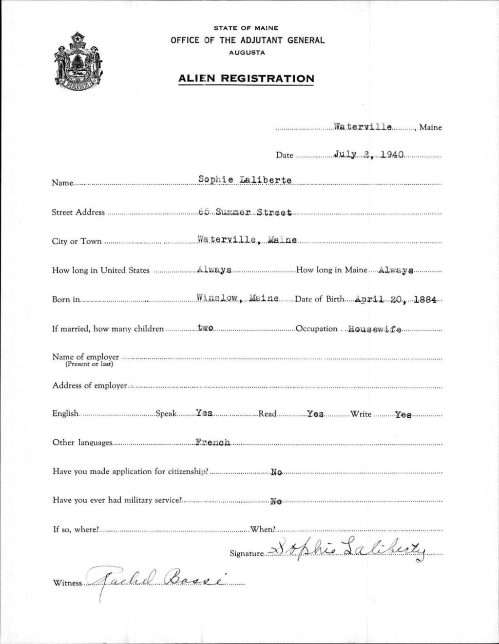 Miniature of Alien Registration- Laliberte, Sophie (Waterville, Kennebec County)