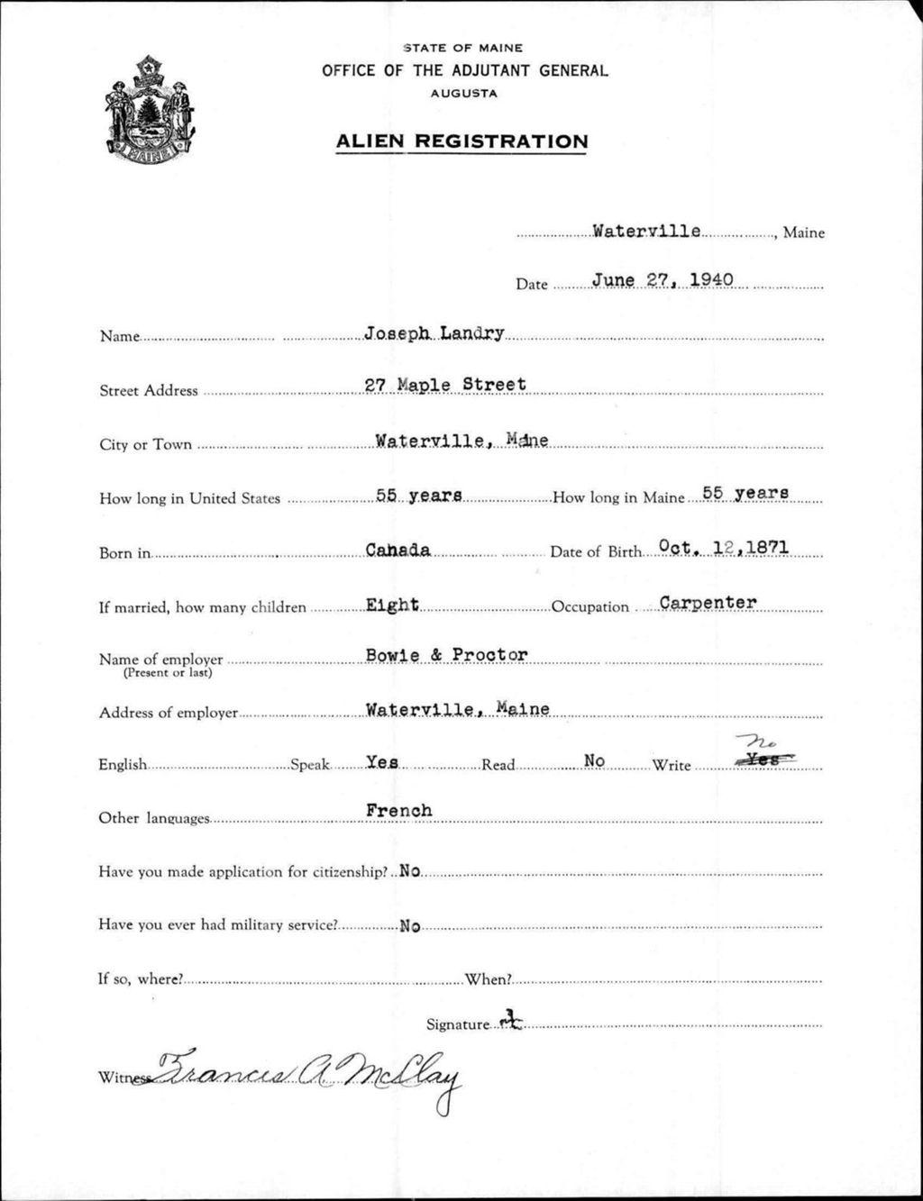 Miniature of Alien Registration- Landry, Joseph (Waterville, Kennebec County)