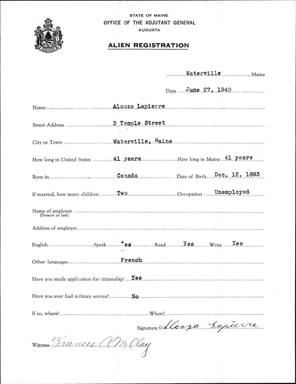 Miniature of Alien Registration- Lapierre, Alonzo (Waterville, Kennebec County)