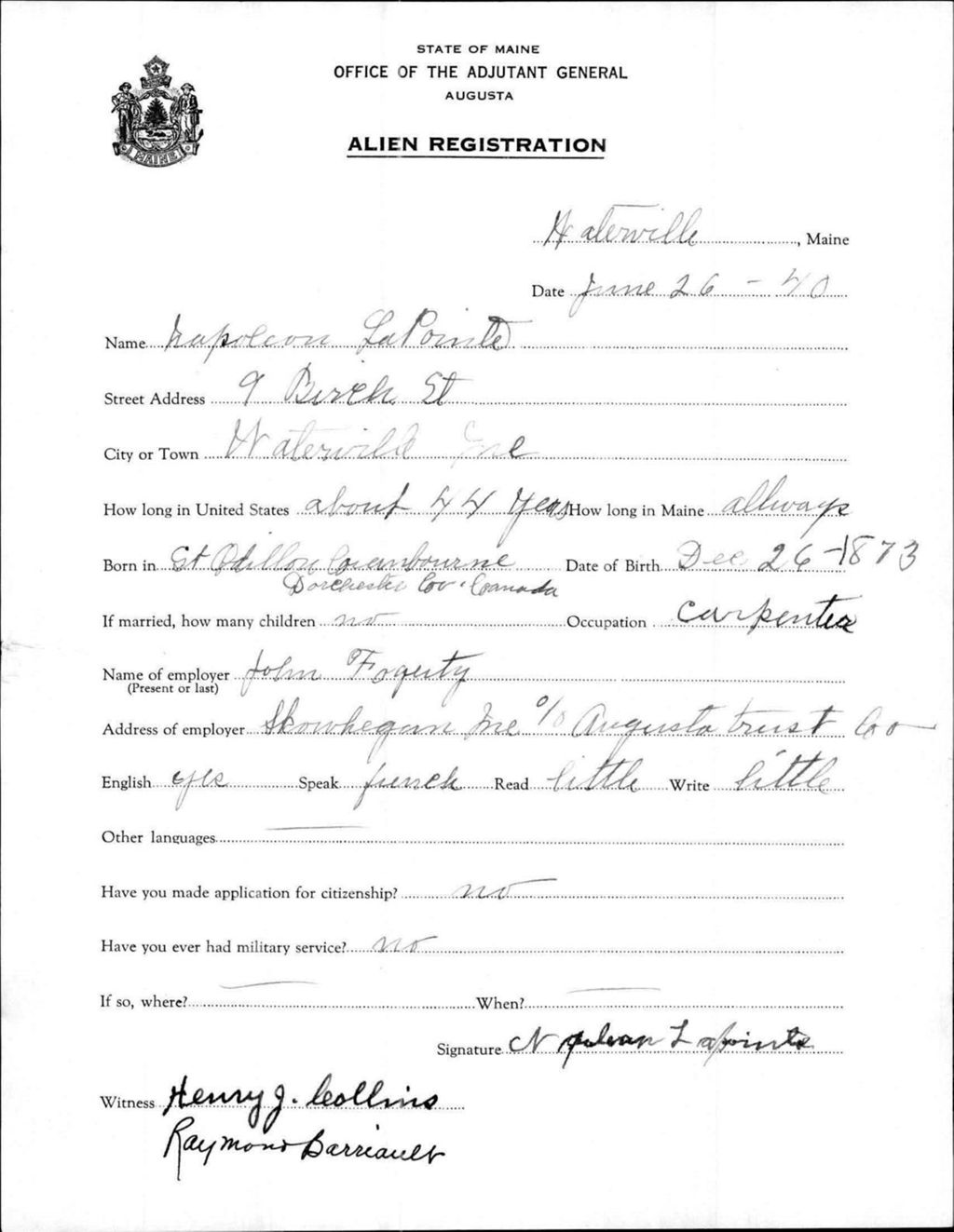 Miniature of Alien Registration- Lapointe, Napoleon (Waterville, Kennebec County)
