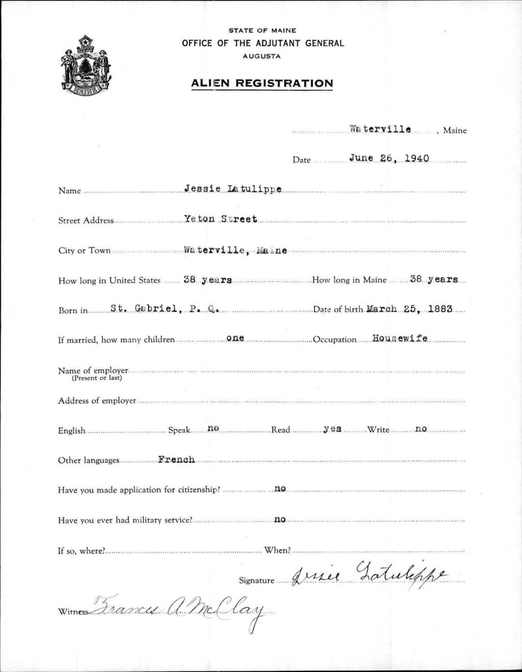 Miniature of Alien Registration- Latulippe, Jessie (Waterville, Kennebec County)