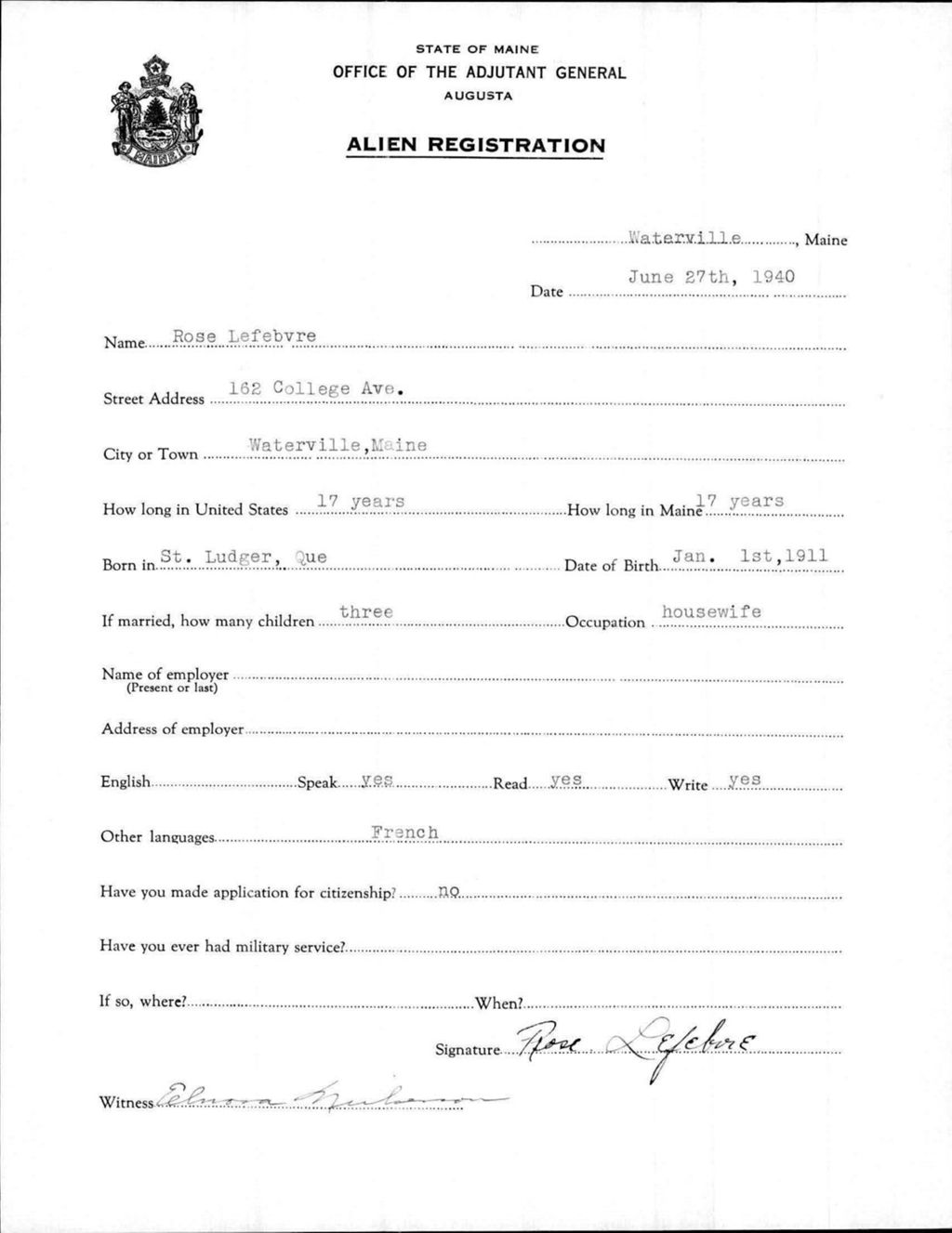 Miniature of Alien Registration- Lefebvre, Rose (Waterville, Kennebec County)