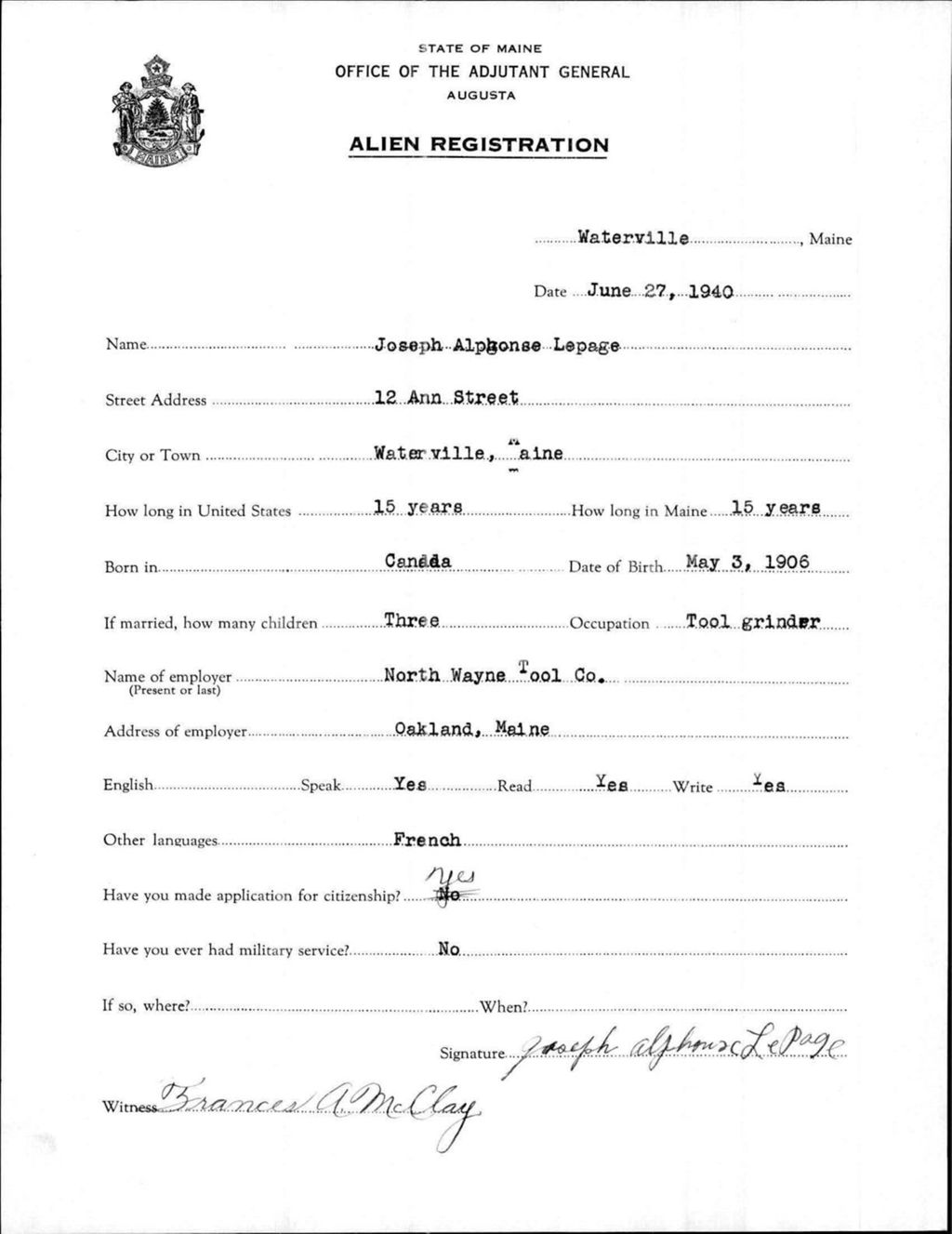 Miniature of Alien Registration- Lepage, Joseph A. (Waterville, Kennebec County)