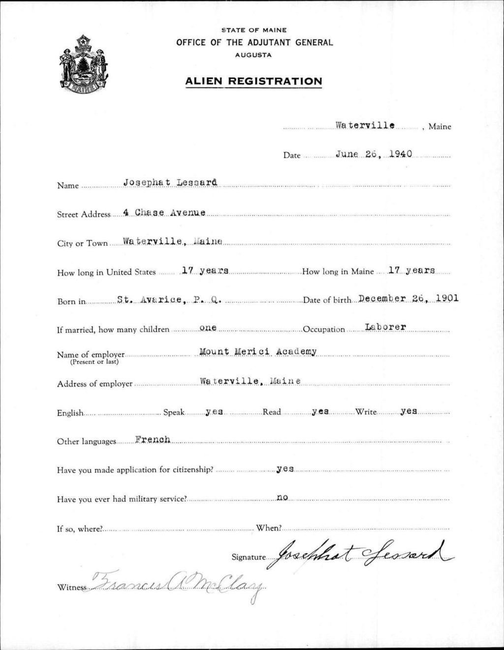 Miniature of Alien Registration- Lessard, Josephat (Waterville, Kennebec County)