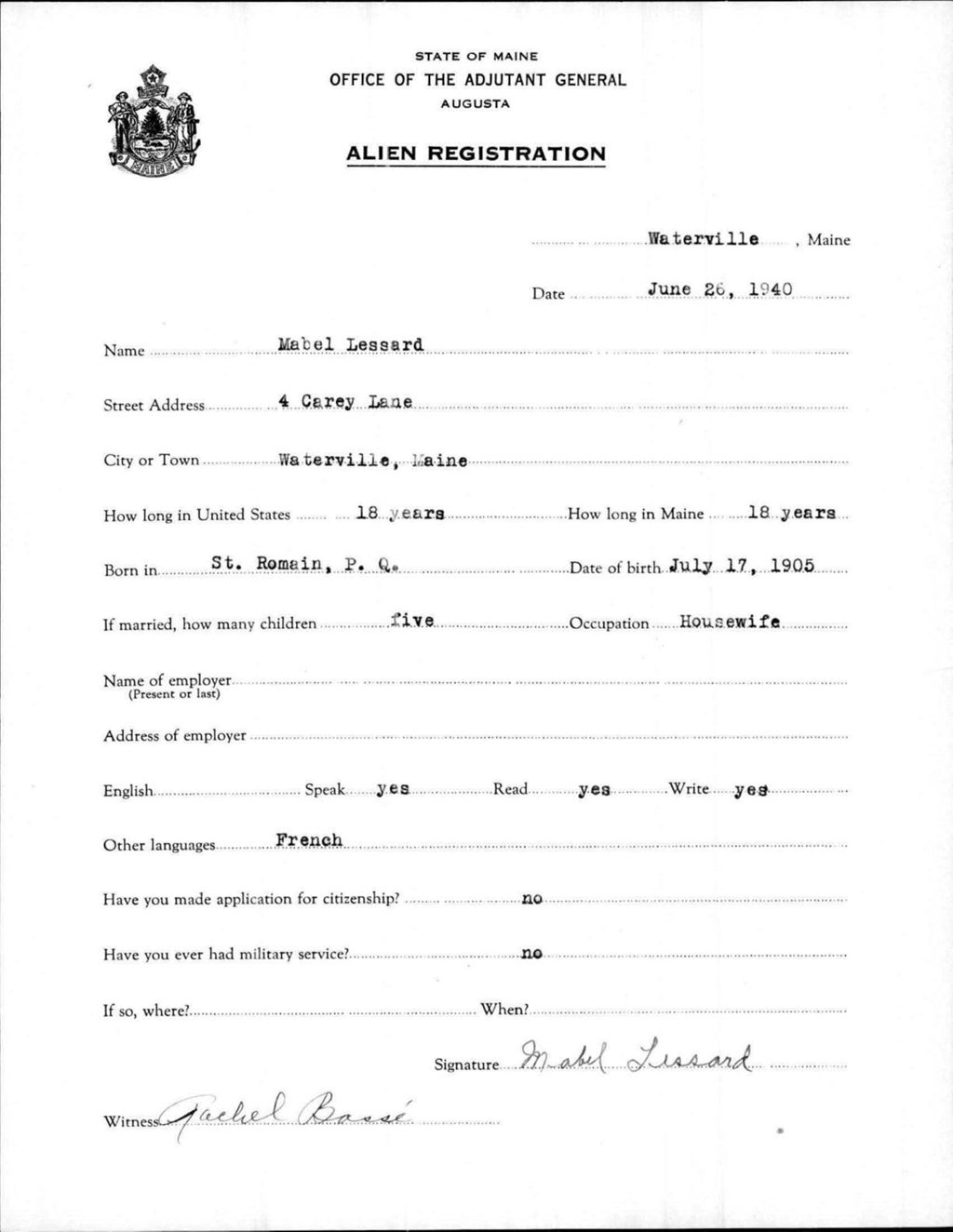 Miniature of Alien Registration- Lessard, Mabel (Waterville, Kennebec County)