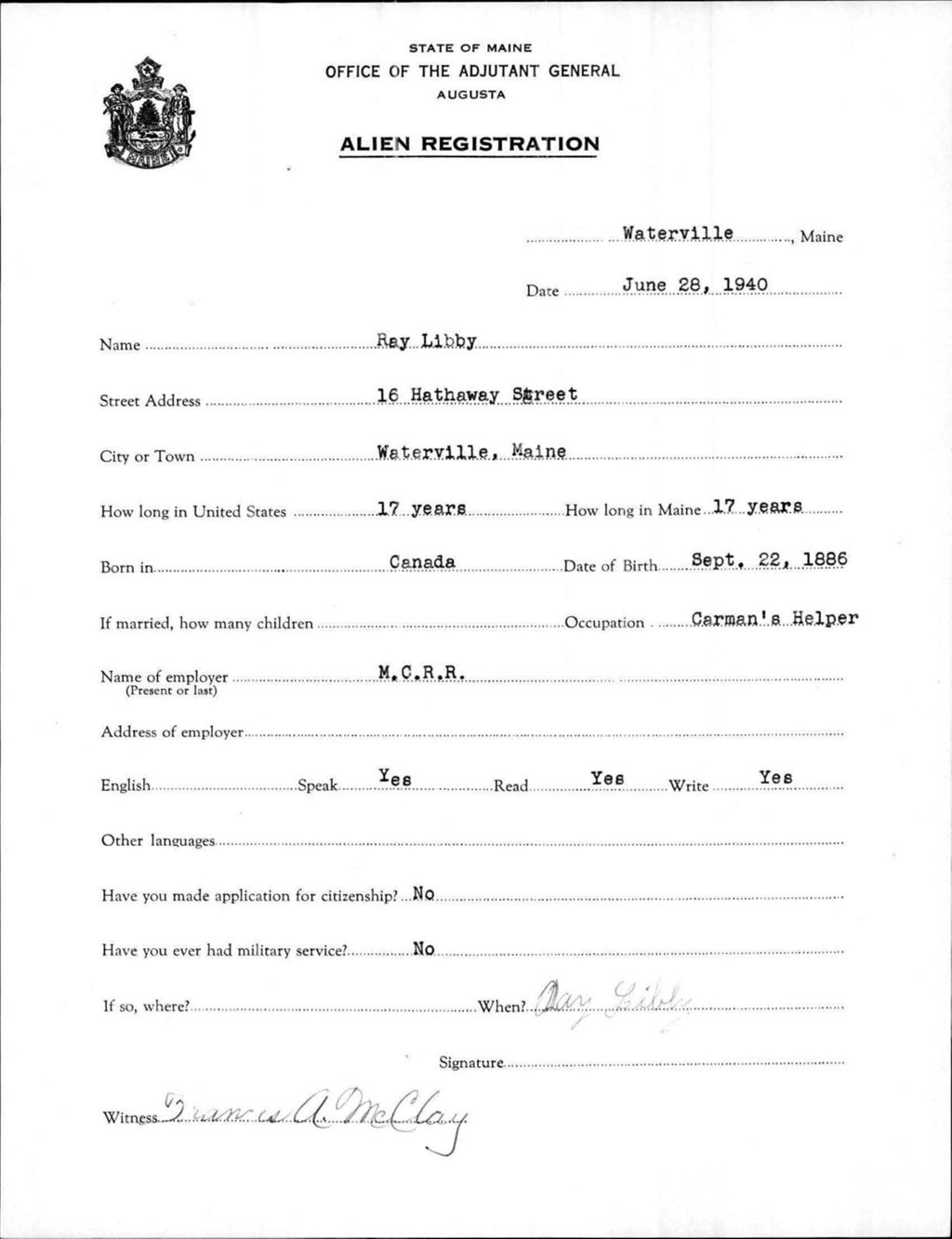 Miniature of Alien Registration- Libby, Ray (Waterville, Kennebec County)
