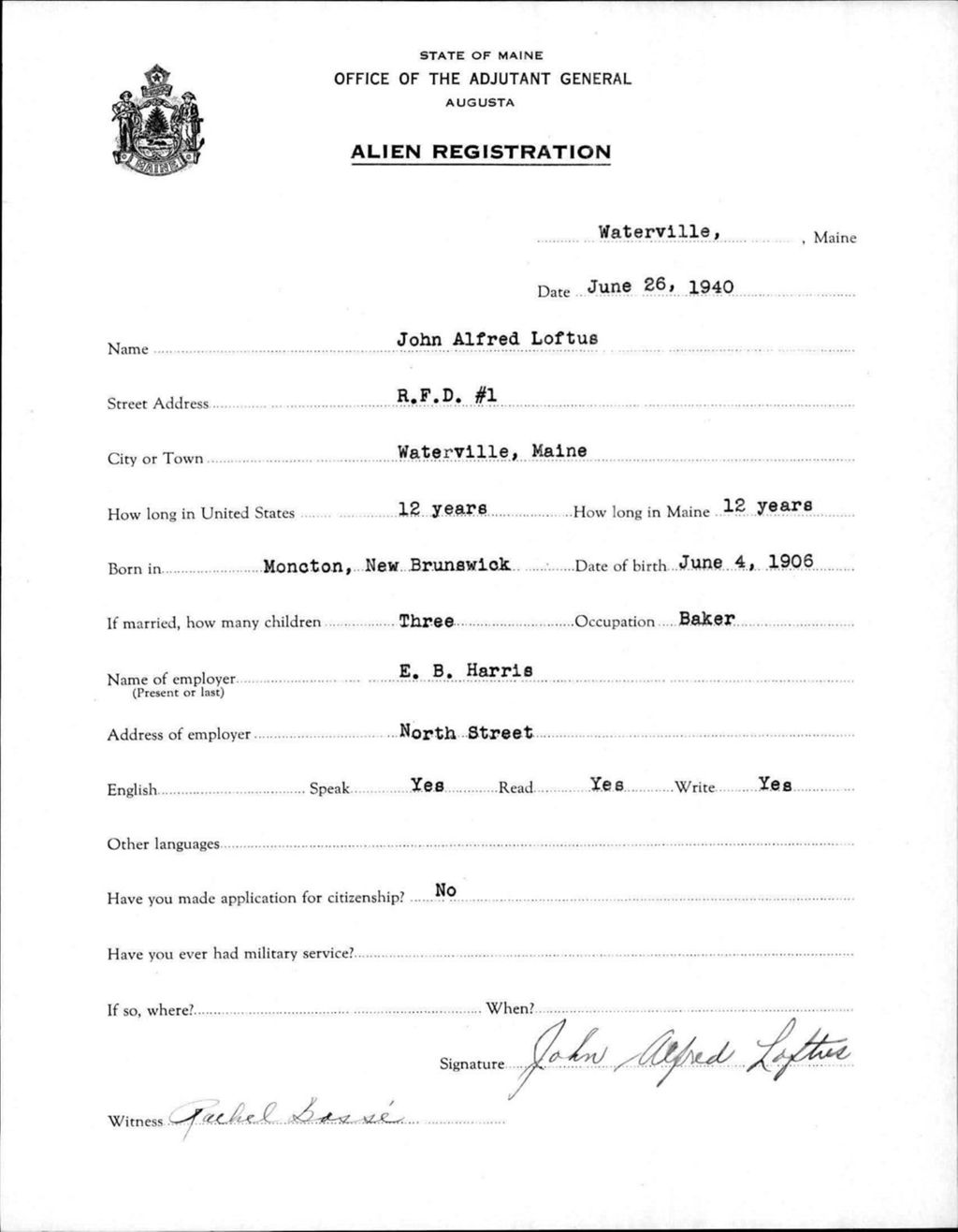 Miniature of Alien Registration- Loftus, John A. (Waterville, Kennebec County)