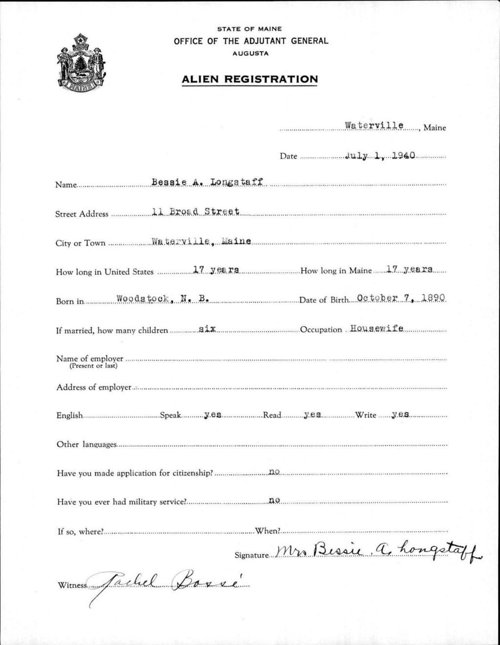 Miniature of Alien Registration- Longstaff, Bessie A. (Waterville, Kennebec County)