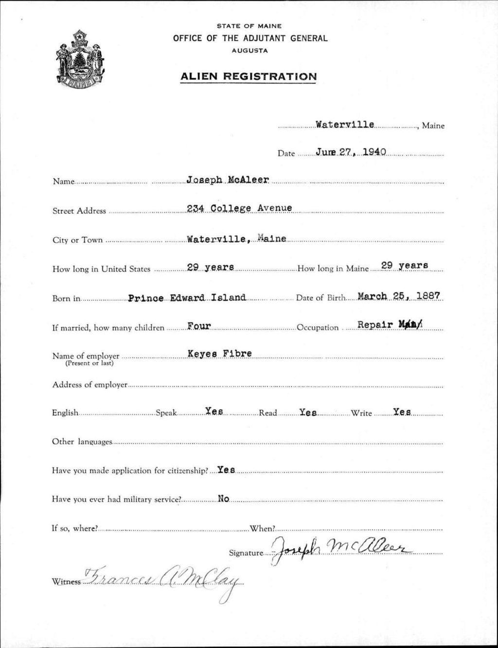 Miniature of Alien Registration- Mcaleer, Joseph (Waterville, Kennebec County)