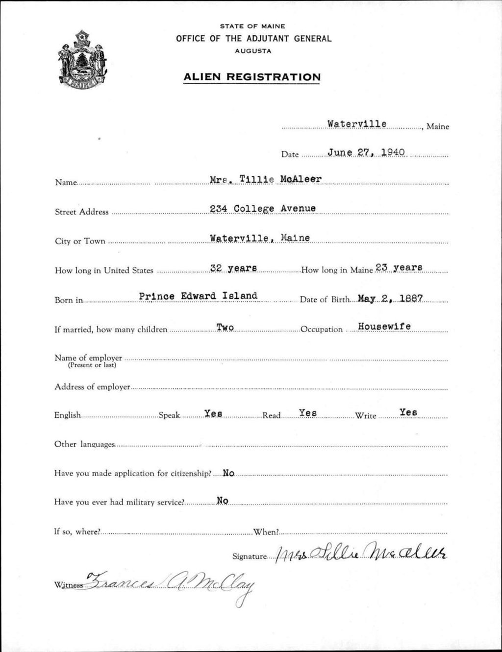 Miniature of Alien Registration- Mcaleer, Tillie (Waterville, Kennebec County)