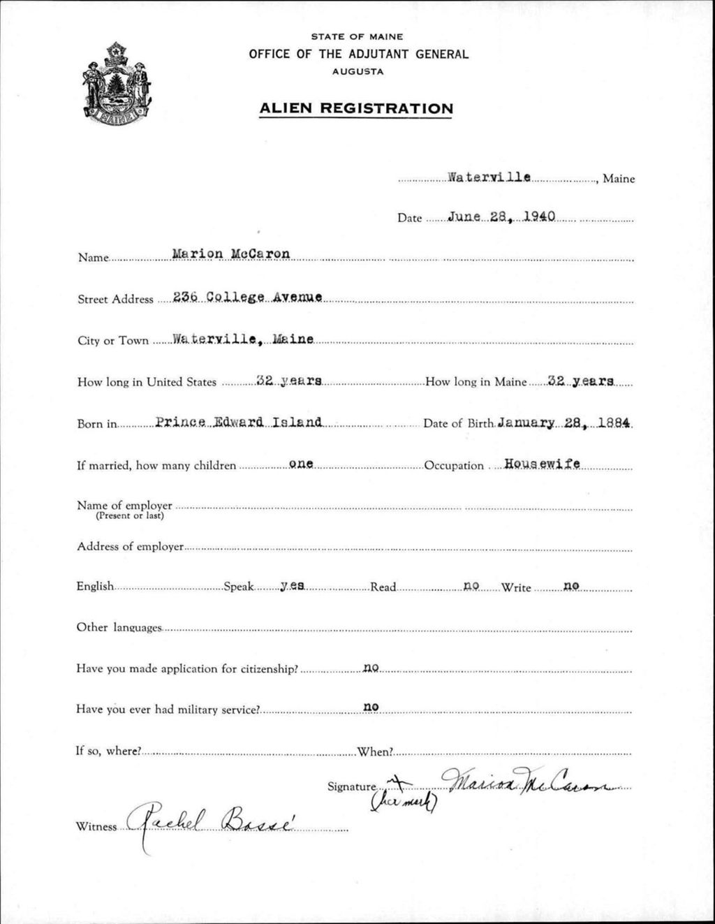 Miniature of Alien Registration- Mccaron, Marion (Waterville, Kennebec County)