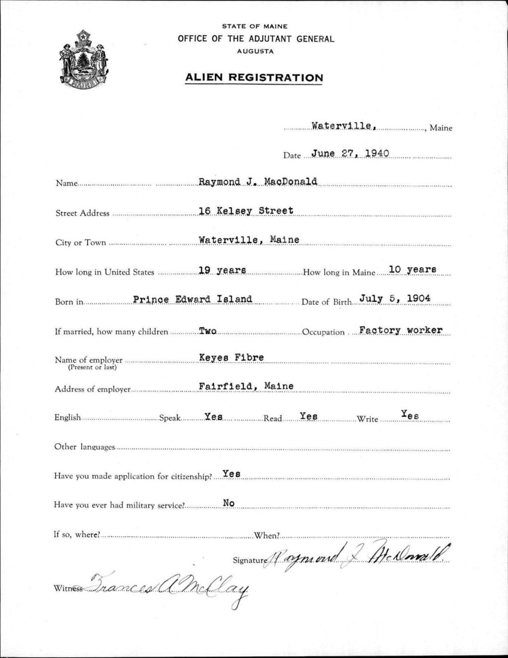 Miniature of Alien Registration- Macdonald, Raymond J. (Waterville, Kennebec County)