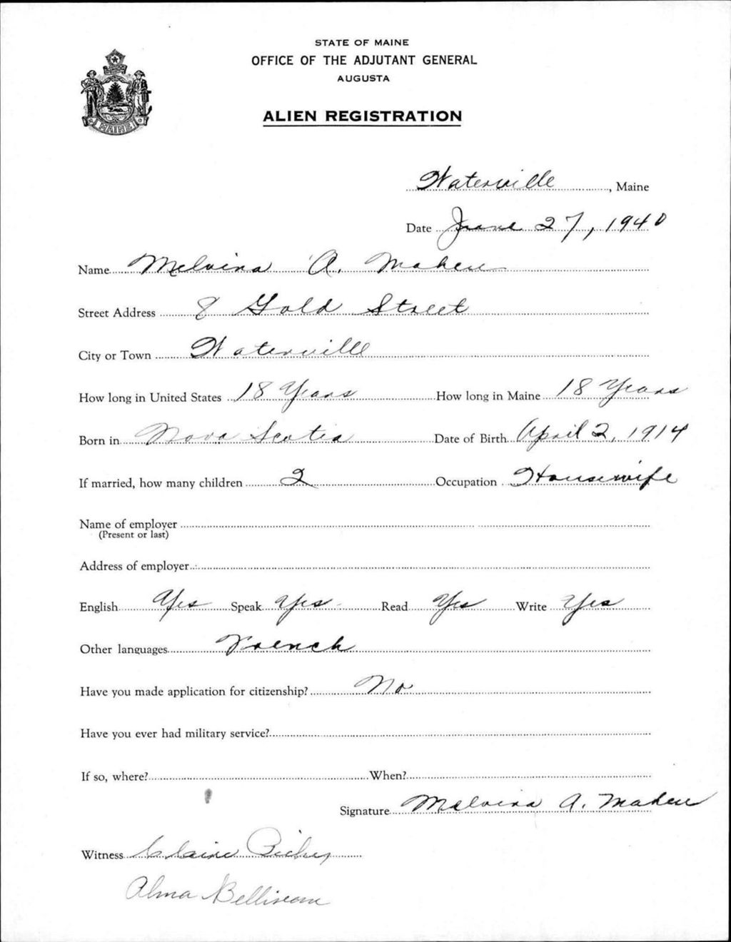 Miniature of Alien Registration- Maheu, Melvina A. (Waterville, Kennebec County)