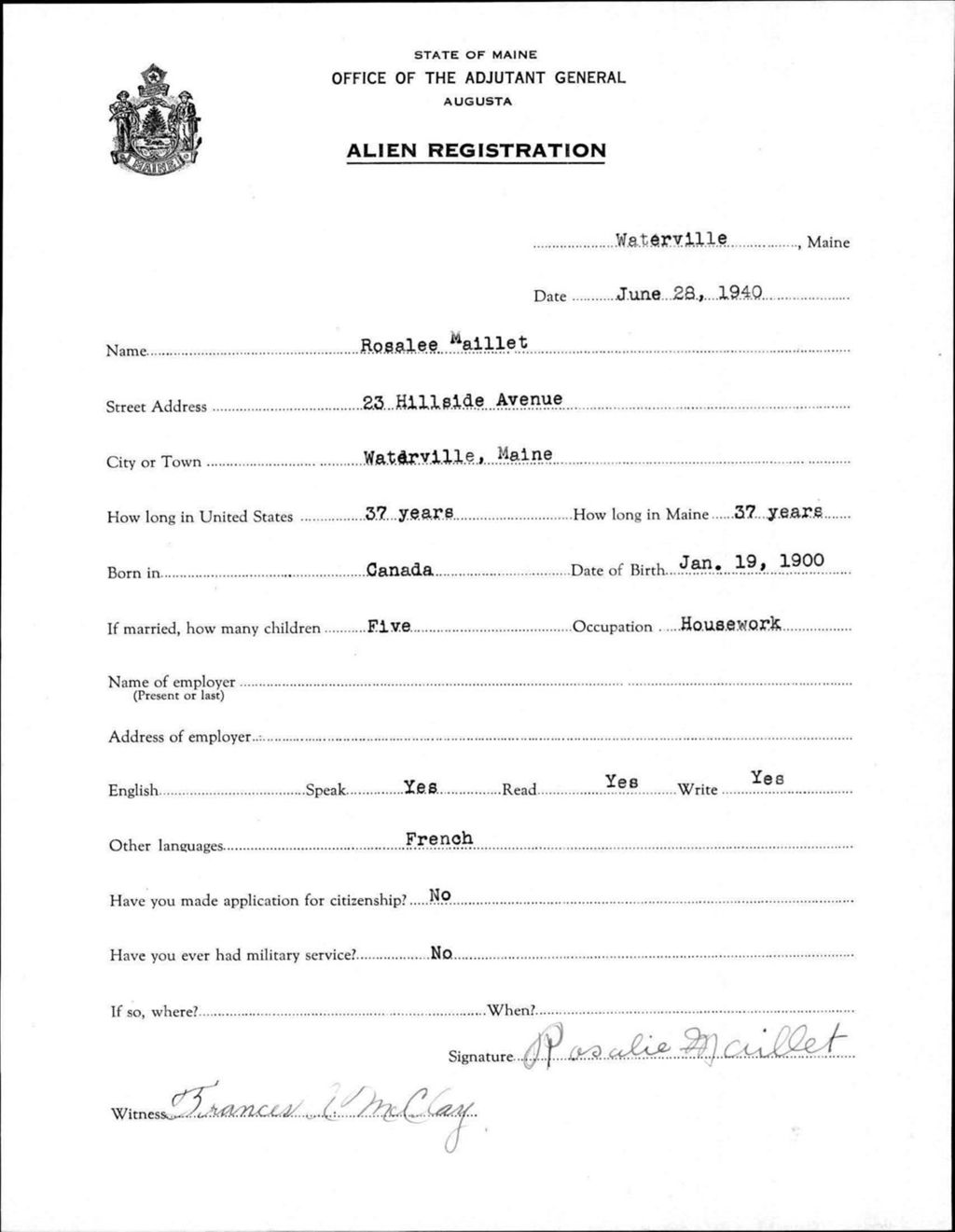 Miniature of Alien Registration- Maillet, Rosalee (Waterville, Kennebec County)