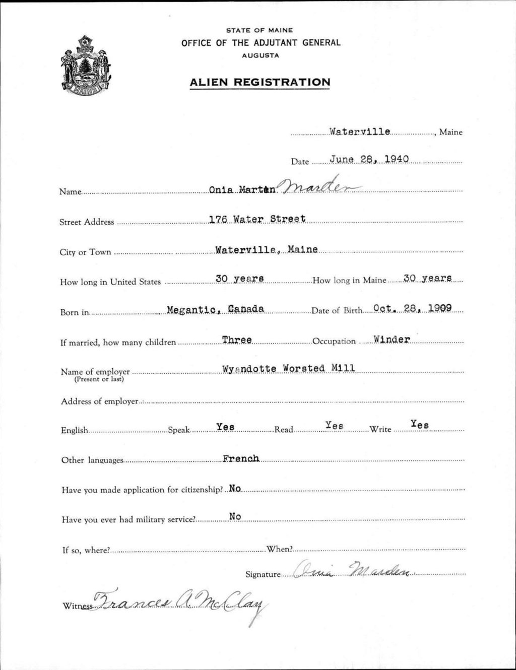 Miniature of Alien Registration- Marden, Onia (Waterville, Kennebec County)