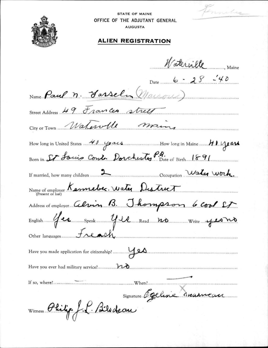 Miniature of Alien Registration- Marcou, Paul N. (Waterville, Kennebec County)