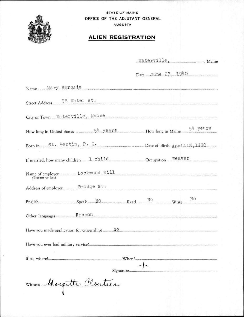 Miniature of Alien Registration- Marquis, Mary (Waterville, Kennebec County)