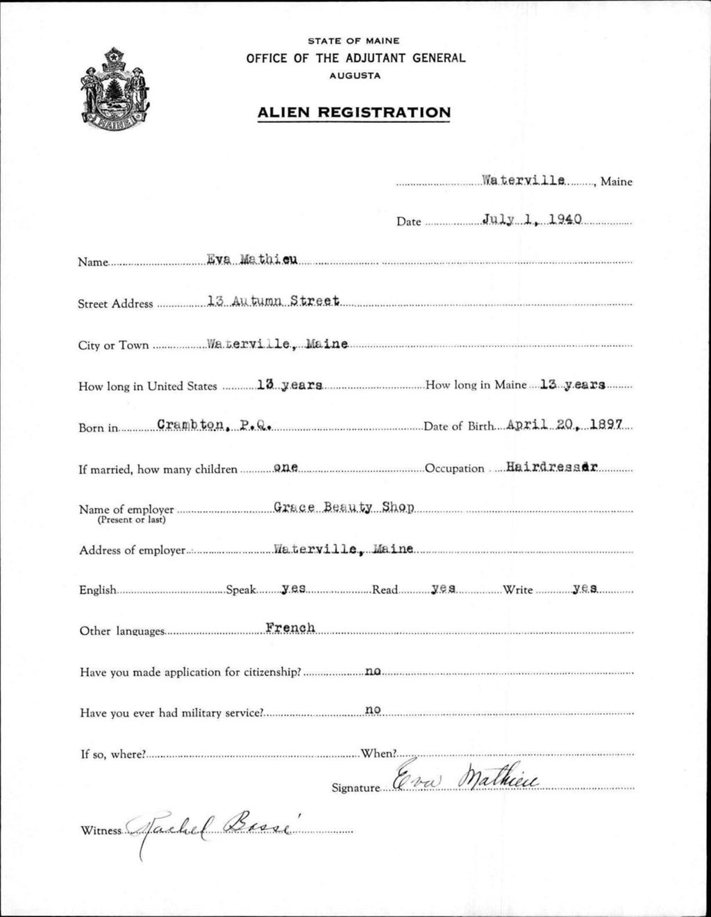 Miniature of Alien Registration- Mathieu, Eva (Waterville, Kennebec County)