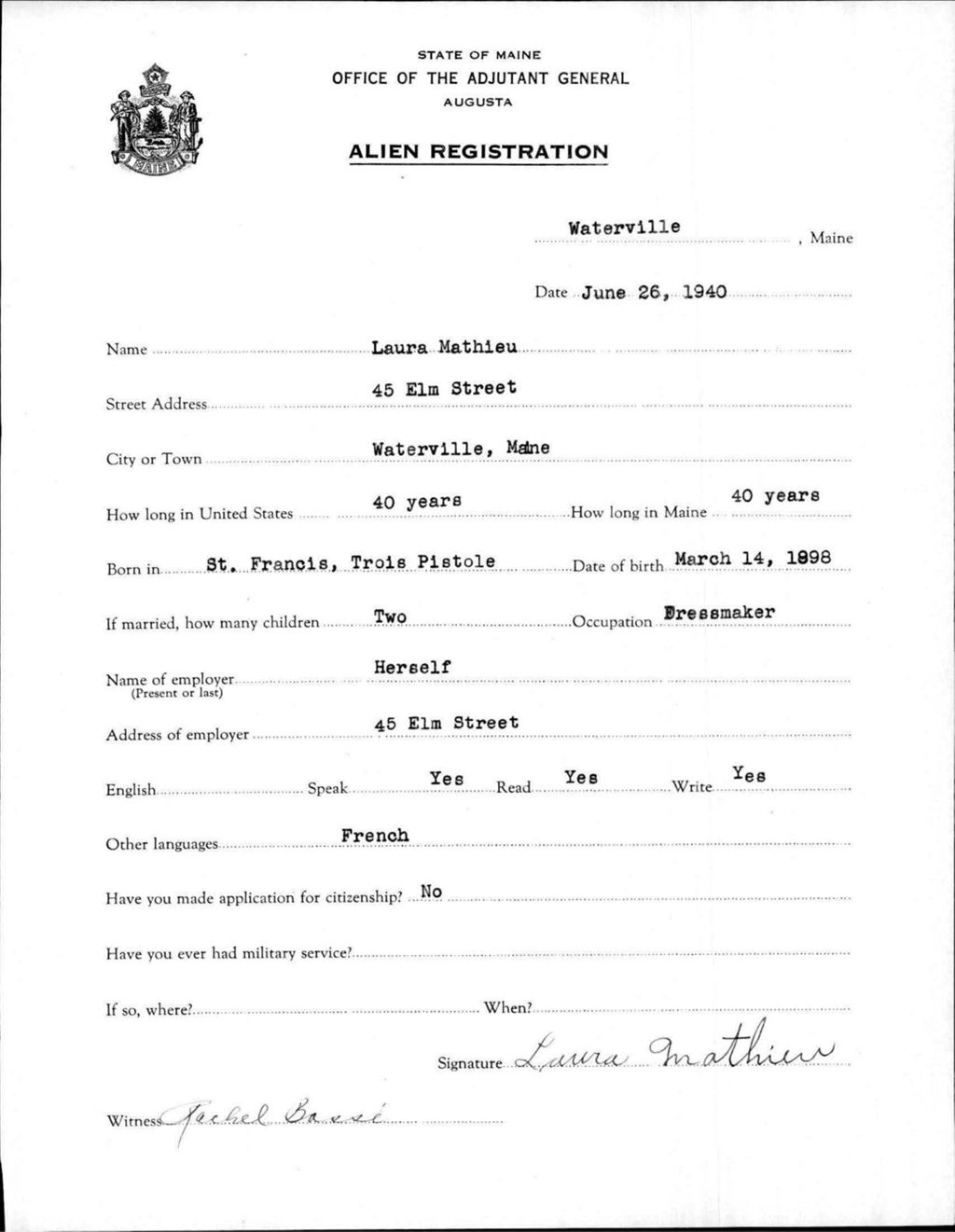 Miniature of Alien Registration- Mathieu, Laura (Waterville, Kennebec County)