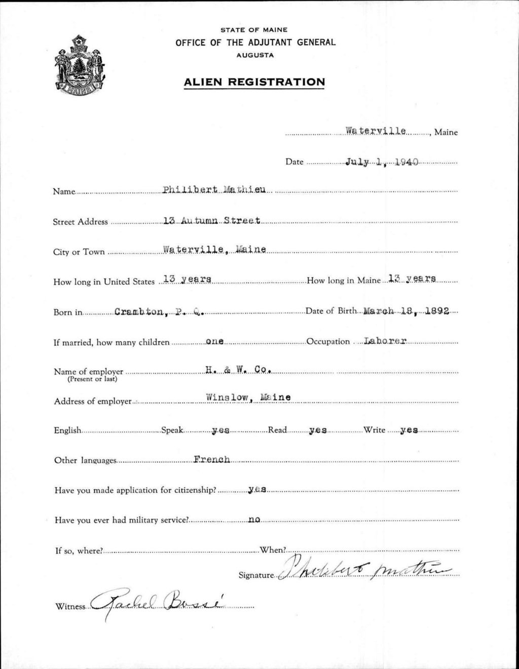 Miniature of Alien Registration- Mathieu, Philibert (Waterville, Kennebec County)