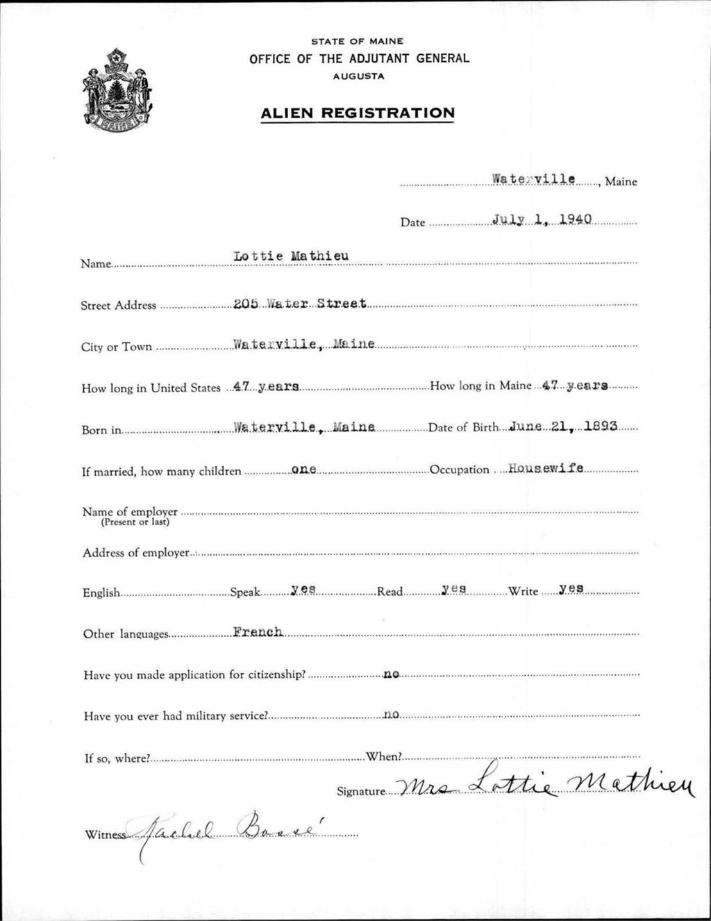 Miniature of Alien Registration- Mathieu, Lottie (Waterville, Kennebec County)