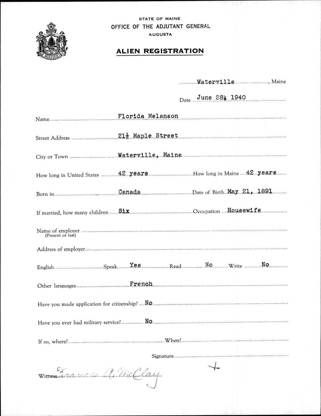 Miniature of Alien Registration- Melanson, Florida (Waterville, Kennebec County)