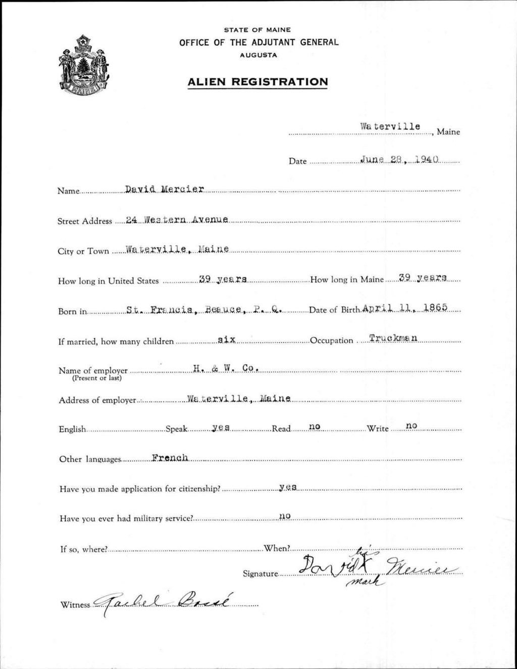 Miniature of Alien Registration- Mercier, David (Waterville, Kennebec County)