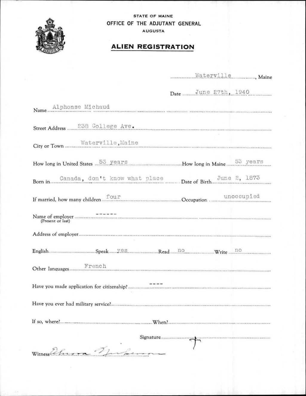 Miniature of Alien Registration- Michaud, Alphonse (Waterville, Kennebec County)