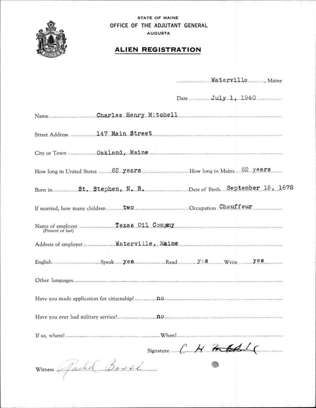 Miniature of Alien Registration- Mitchell, Charles H. (Waterville, Kennebec County)