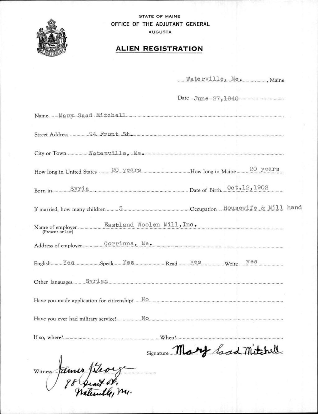 Miniature of Alien Registration- Saad, Mary (Waterville, Kennebec County)