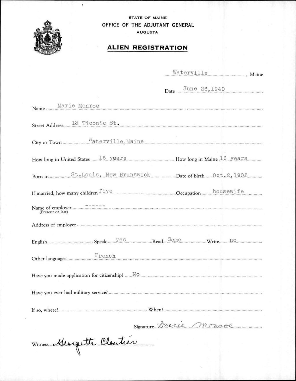 Miniature of Alien Registration- Monroe, Marie (Waterville, Kennebec County)