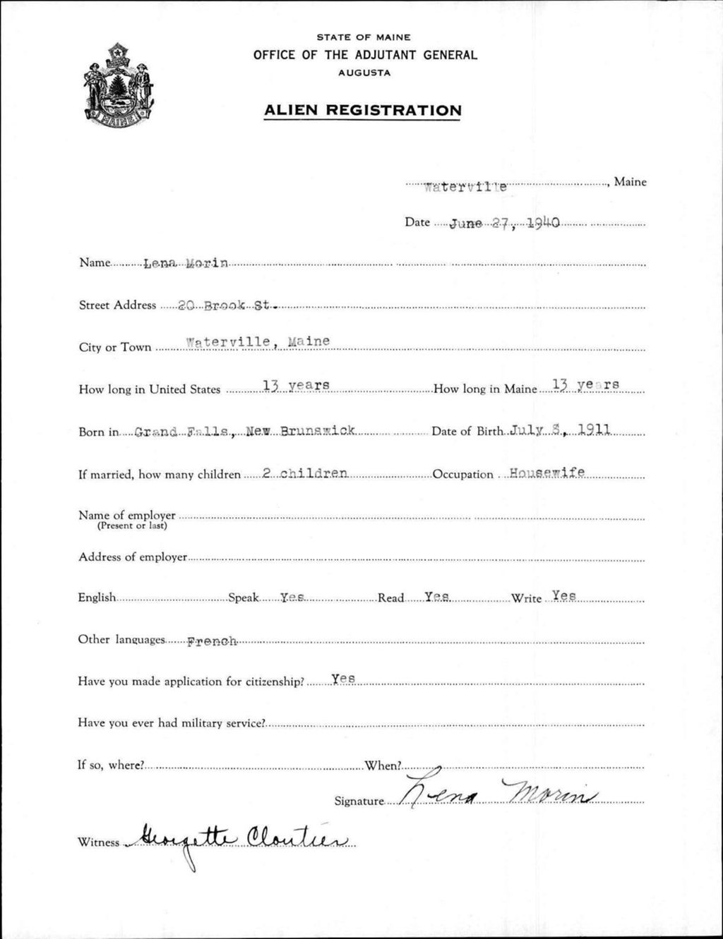 Miniature of Alien Registration- Morin, Lena (Waterville, Kennebec County)