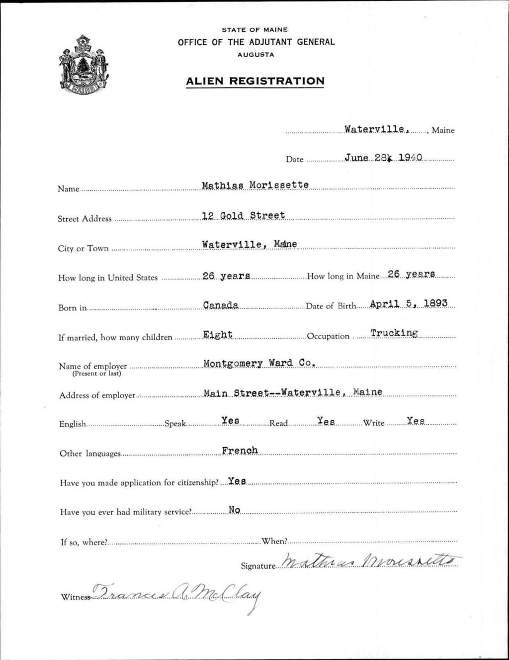 Miniature of Alien Registration- Morissette, Mathias (Waterville, Kennebec County)