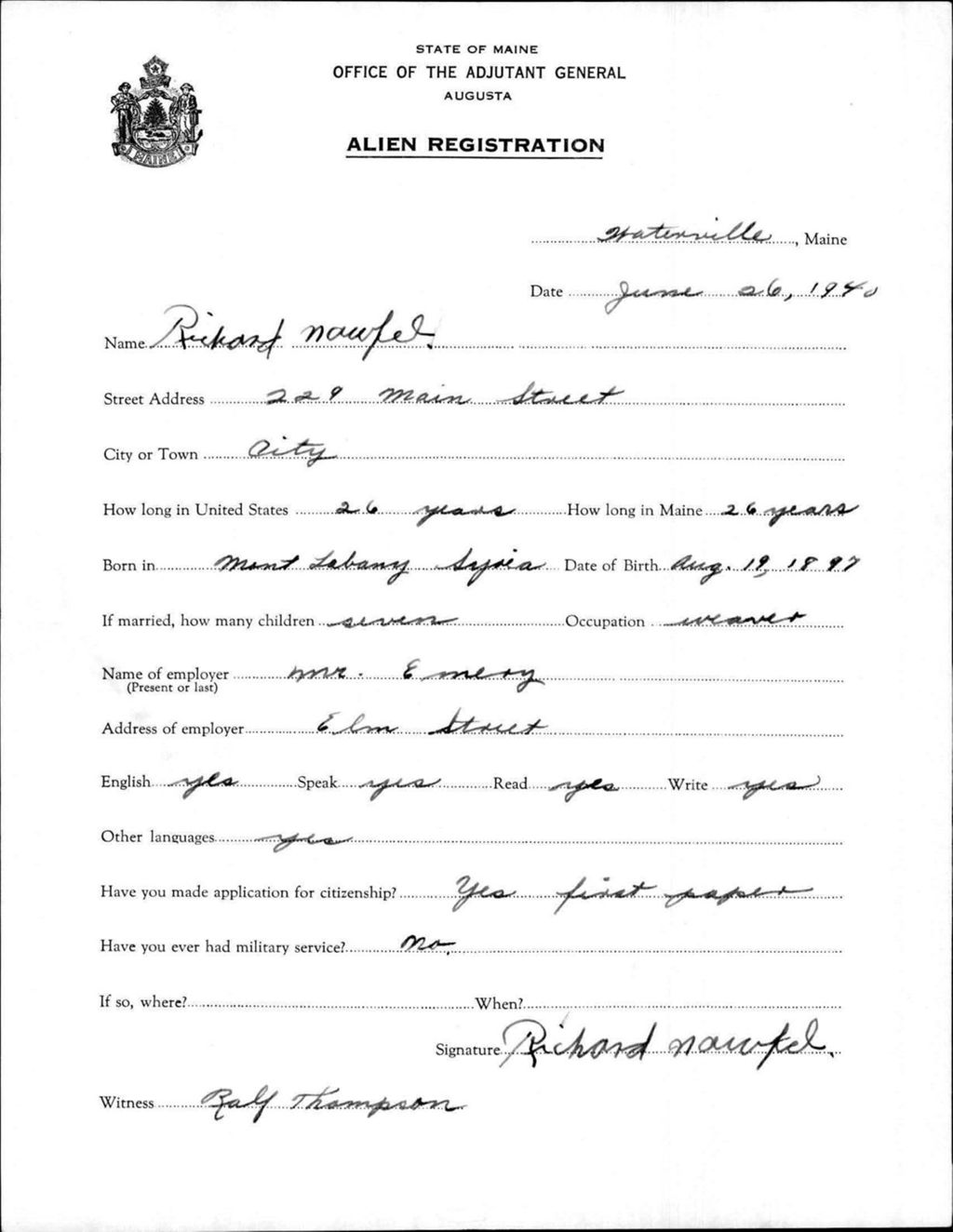 Miniature of Alien Registration- Nawfel, Richard (Waterville, Kennebec County)