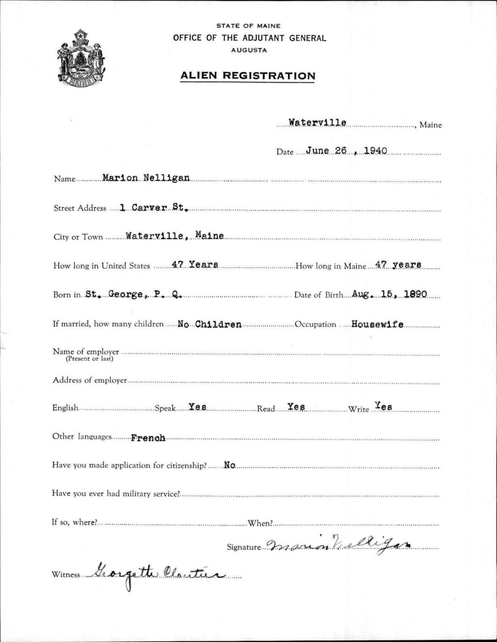Miniature of Alien Registration- Nelligan, Marion (Waterville, Kennebec County)