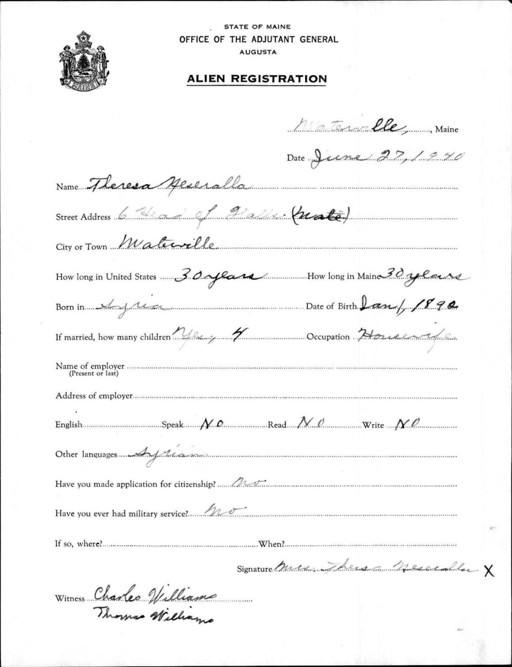 Miniature of Alien Registration- Meseralla, Theresa (Waterville, Kennebec County)