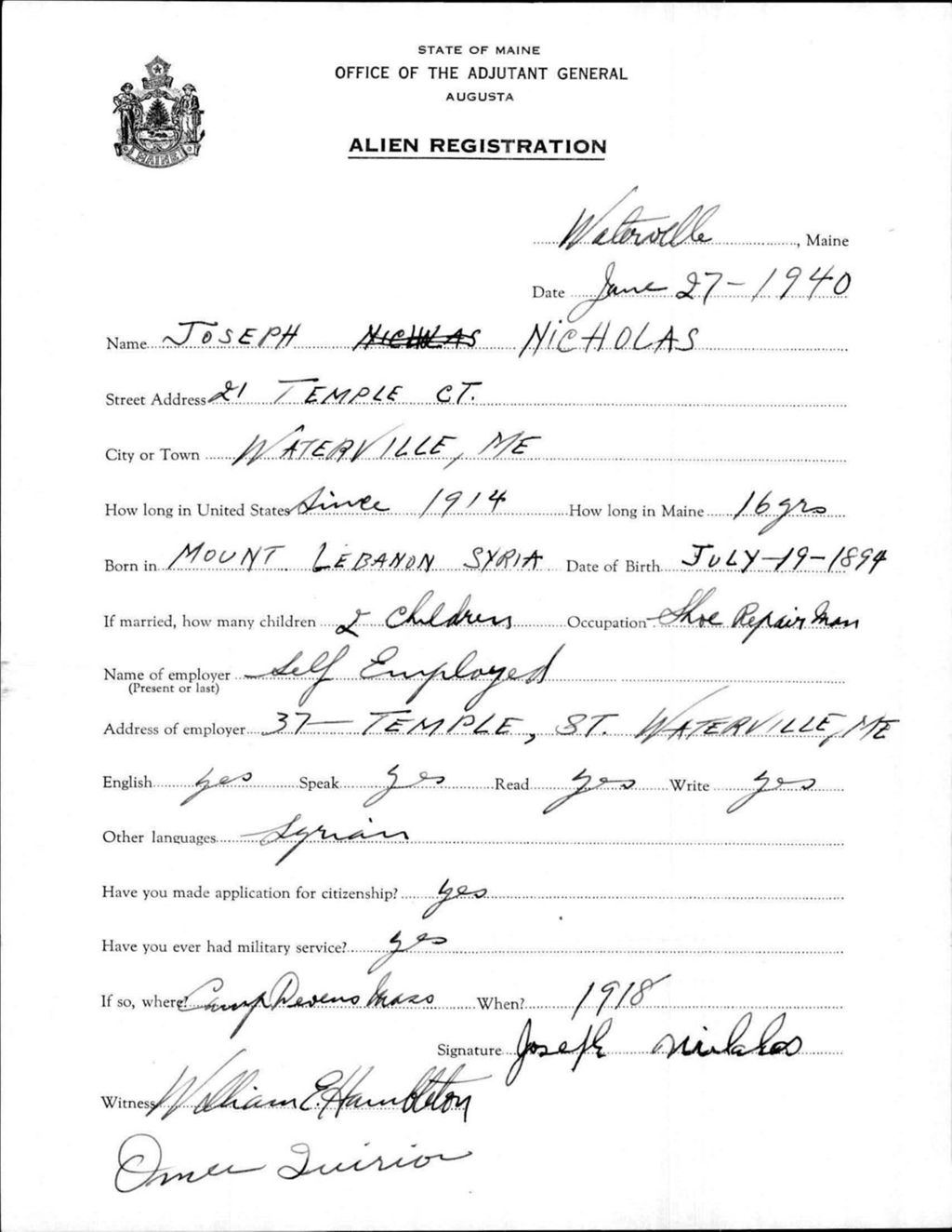 Miniature of Alien Registration- Nicholas, Joseph (Waterville, Kennebec County)