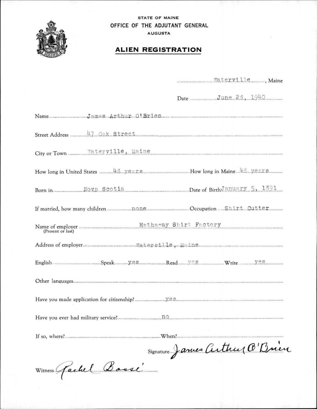 Miniature of Alien Registration- O'Brien, James A. (Waterville, Kennebec County)