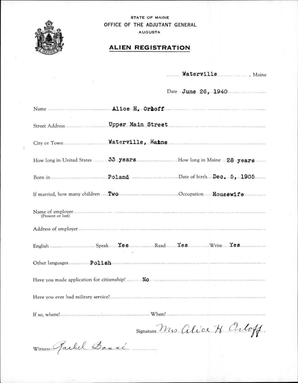 Miniature of Alien Registration- Orloff, Alice H. (Waterville, Kennebec County)