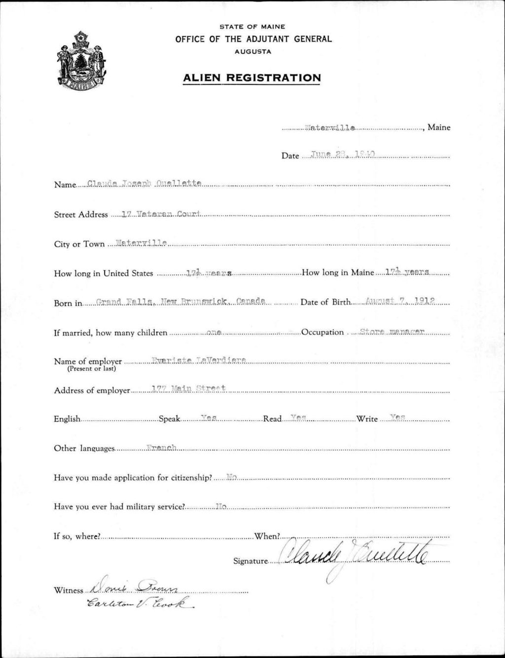 Miniature of Alien Registration- Ouellette, Claude J. (Waterville, Kennebec County)