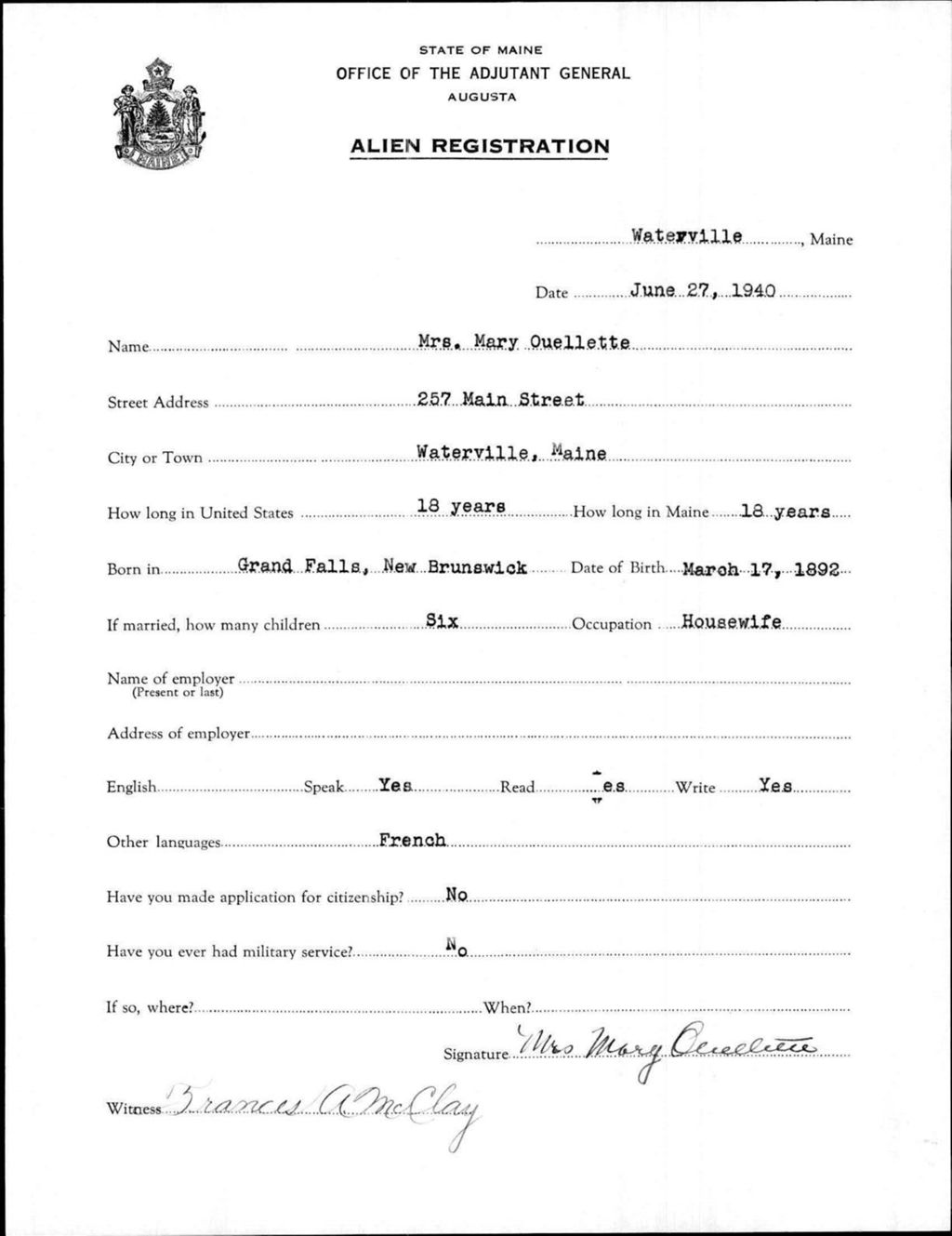 Miniature of Alien Registration- Ouellette, Mary (Waterville, Kennebec County)
