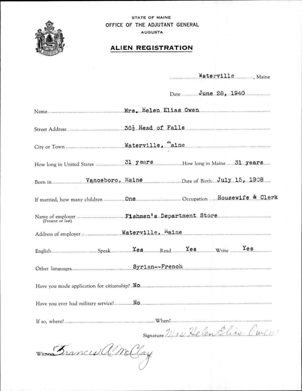 Miniature of Alien Registration- Owen, Helen E. (Waterville, Kennebec County)