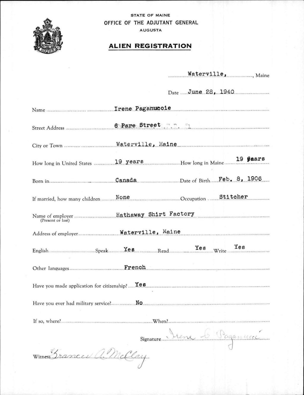 Miniature of Alien Registration- Paganuccie, Irene (Waterville, Kennebec County)