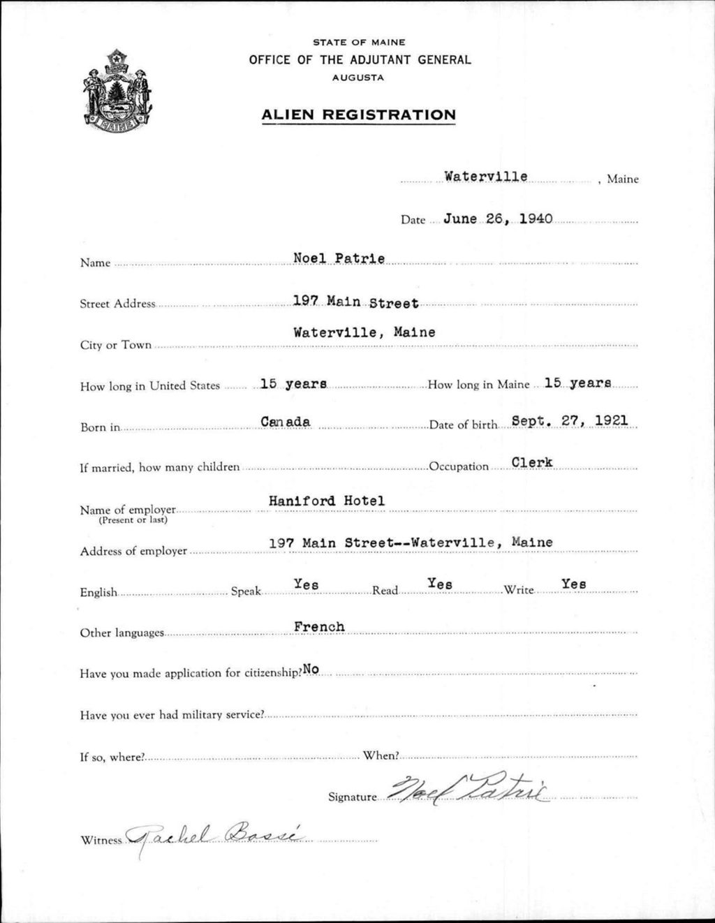 Miniature of Alien Registration- Patrie, Noel (Waterville, Kennebec County)