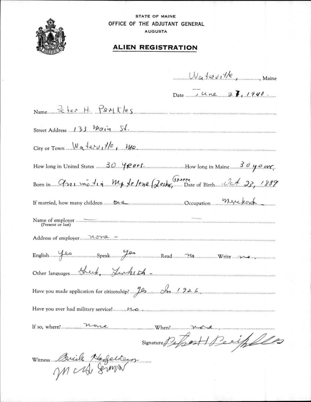 Miniature of Alien Registration- Perlkles, Peter H. (Waterville, Kennebec County)