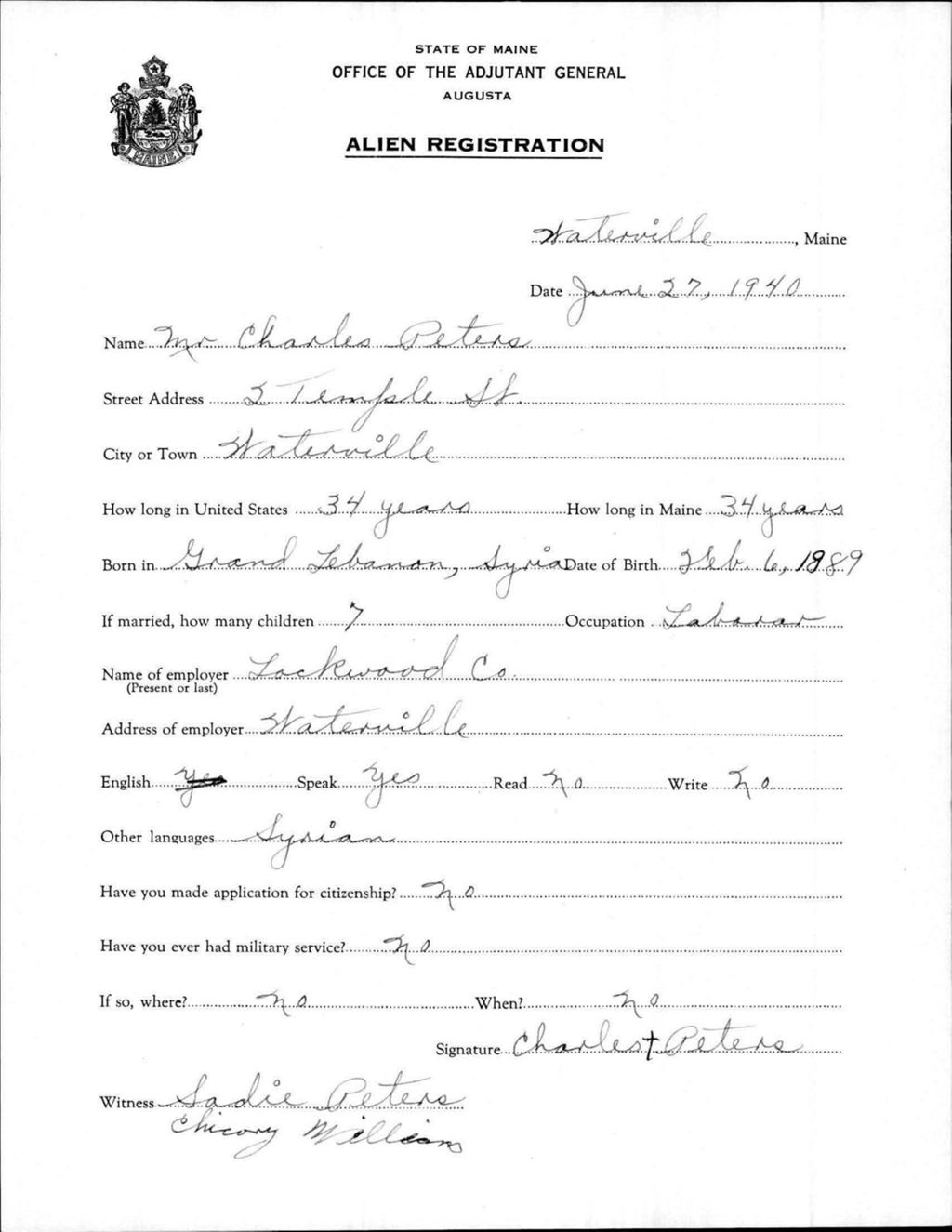 Miniature of Alien Registration- Peters, Charles (Waterville, Kennebec County)