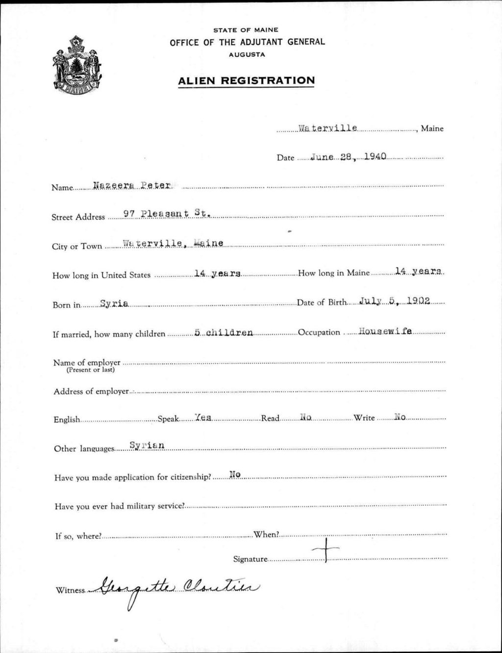 Miniature of Alien Registration- Peter, Nazeera (Waterville, Kennebec County)